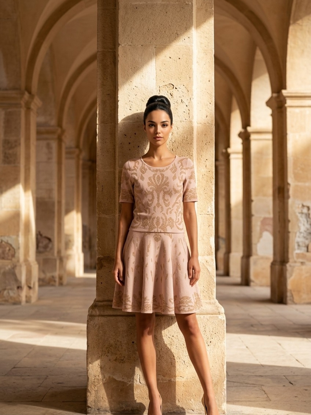 Ivanka Trump Blush Jacquard Short-Sleeve Fit & Flare Dress